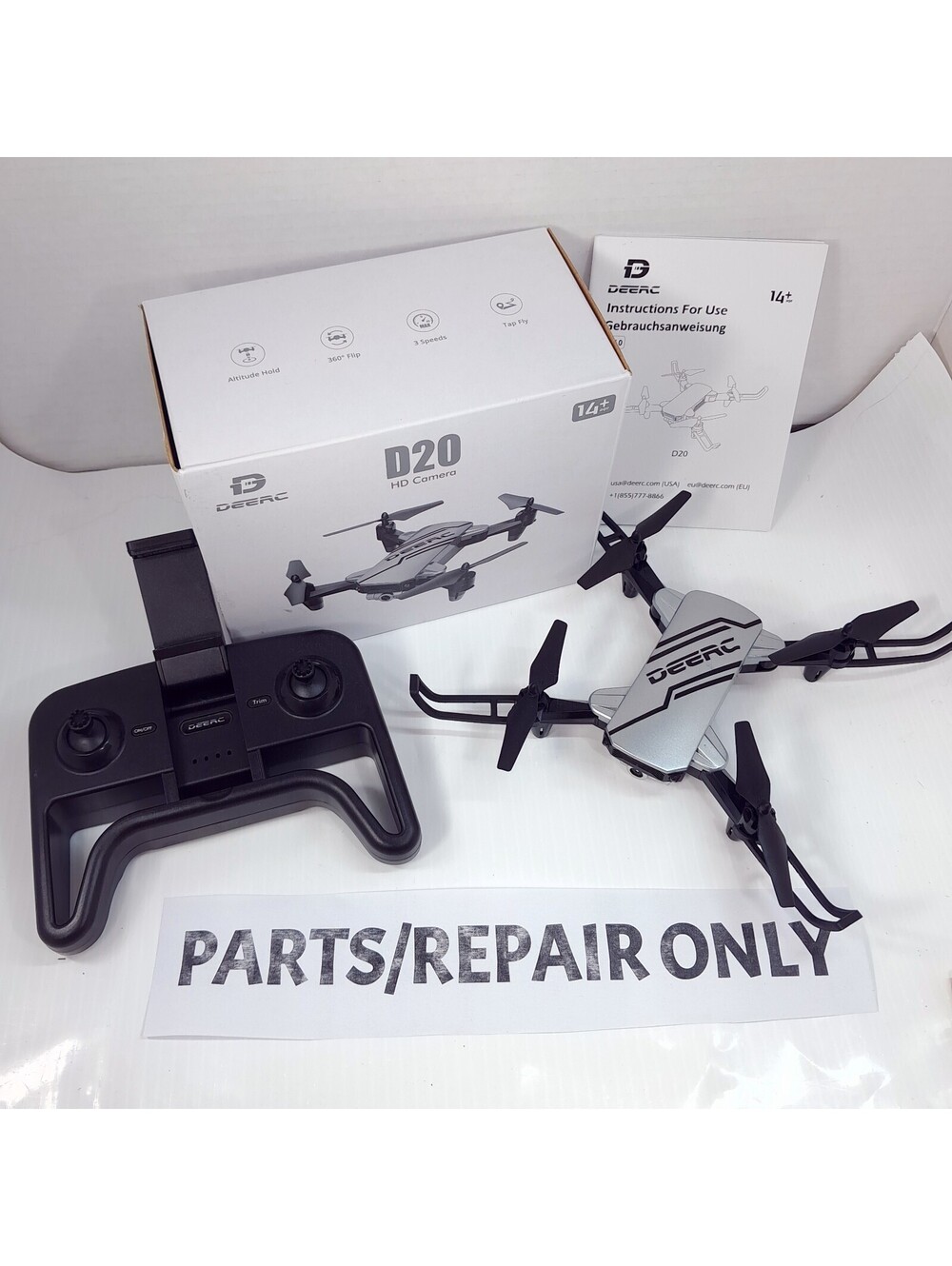 DEERC D20 Mini RC Drone 3D Flips Quadcopter silver & controller ONLY FOR PARTS